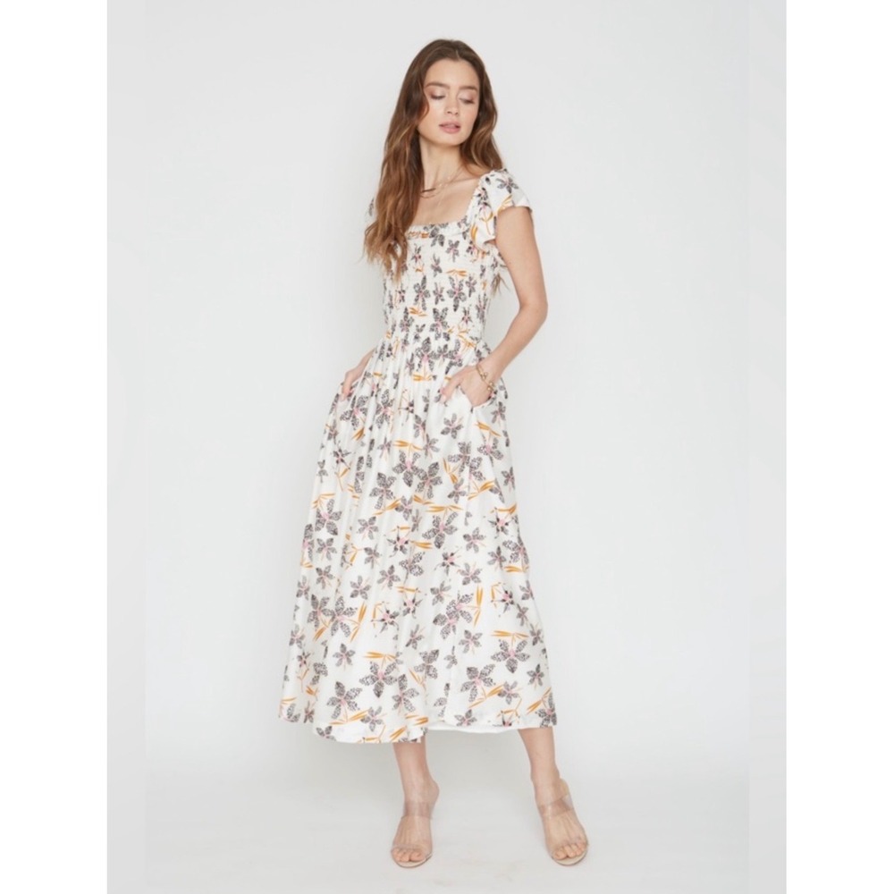 Caballero Emile Dress Disa Orchid Floral Smocked Midi Dress Silk Blend S